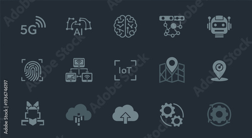 Technology Icons: AI, 5G, IoT, Cloud, Robot, Map, Fingerprint, Gears