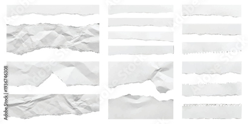 Collection of realistic crumpled and torn blank white paper strips with jagged edges vector illustration