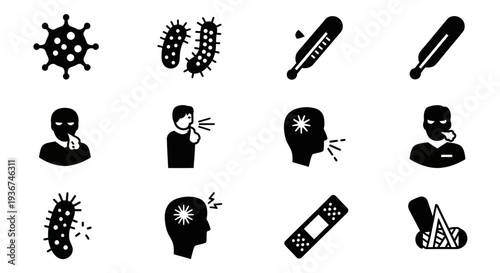 Illness Icons: Virus, Bacteria, Fever, Cough, Headache, Bandage, Flu Symptoms