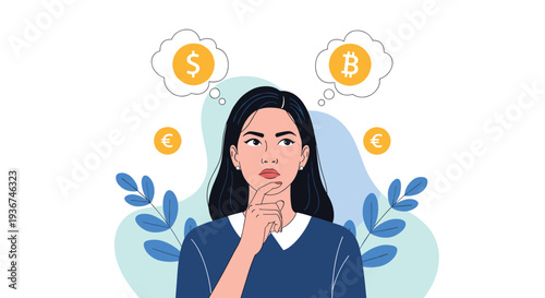 Thoughtful young woman considering various investment options like dollars and bitcoin for her future financial security and wealth.