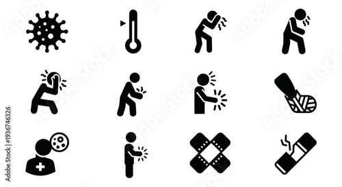 Medical Symptoms Icons: Virus, Fever, Pain, Injury, Bandage, Doctor, Broken Bone