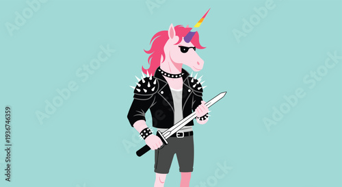 Cool punk unicorn character wearing a black leather jacket with spikes and holding a sword for a rebellious fantasy illustration.