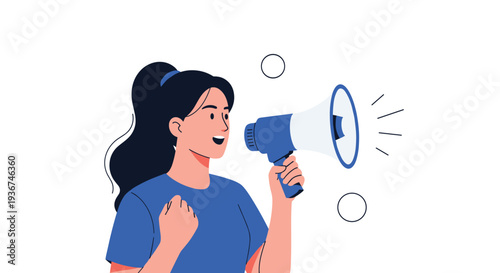 Young woman shouting into a blue megaphone and cheering for a protest or marketing announcement during a social public event.