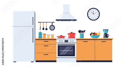 Modern and clean kitchen interior design featuring a white refrigerator, wooden cabinets, and various cooking tools and appliances.