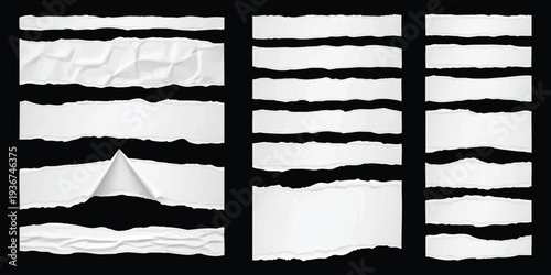Realistic white torn paper strips and ripped page edges with shadow isolated on black background vector illustration