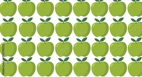 Seamless pattern of fresh green apples with leaves on a white background for a healthy food and organic fruit market theme.