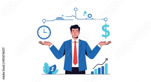 Professional businessman balancing time and money represented by a clock and a dollar sign to show effective work-life balance.