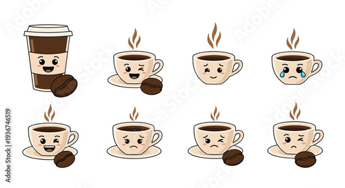 Set of cute coffee cup cartoon characters with various facial expressions and emotions for a cafe or coffee shop branding design.