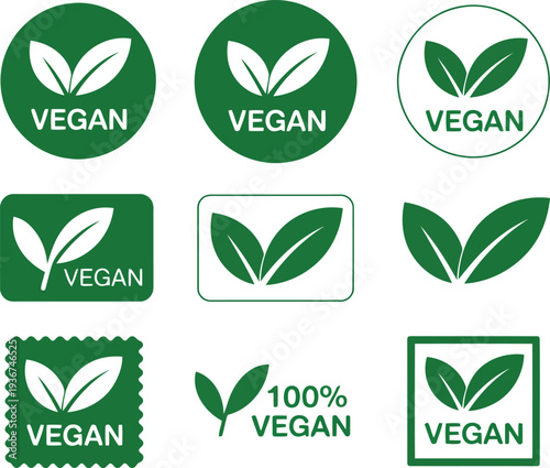 Collection of vegan logos and labels in various shapes and styles