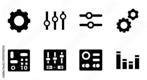Set of Audio Mixer, Equalizer, Settings, and Gear Icons for Music Production and Sound Engineering