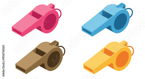 Set of four colorful whistles in pink, blue, brown, and yellow colors for sports, safety, or emergency situation representation.