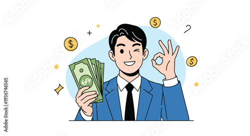 Successful businessman holding a stack of cash and showing an okay sign representing financial profit and wealth in business.