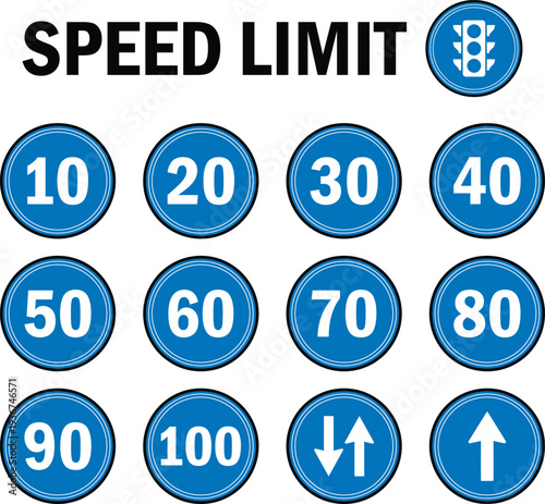 Blue Speed Limit Traffic Sign Icons Set with Numbers 10 to 100 and Arrows