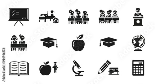 Education Icons Set: School, Learning, Knowledge, Science, Study, Teaching, Graduation
