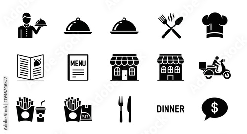 Restaurant Food Service Icons: Waiter, Menu, Food, Delivery, Chef Hat, Cutlery, Fast Food