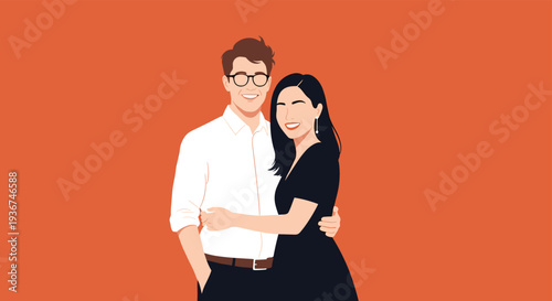 Happy young couple standing together and hugging against a bright orange background representing love and healthy relationship.