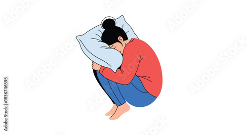 Sad and depressed young woman lying in a fetal position on a pillow expressing loneliness and mental health struggles.