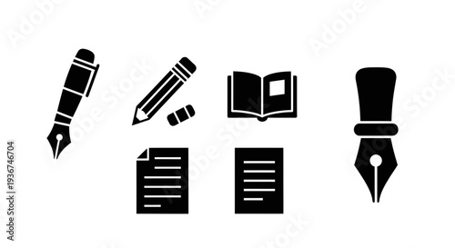 Collection of Writing and Stationery Icons: Pens, Pencil, Eraser, Book, and Documents