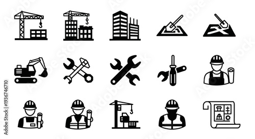 Construction Icons Set: Crane, Excavator, Tools, Blueprint, Worker, Building