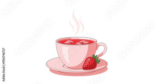Refreshing hot strawberry tea is served in pink ceramic cup on saucer with whole fresh berry resting beside steaming beverage.
