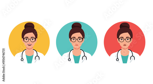 Professional female doctor avatars with different facial expressions are displayed in circular frames against vibrant colored backgrounds.