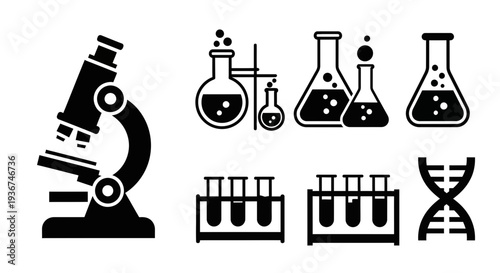 Science Icons: Microscope, DNA, Test Tubes, Flasks - Laboratory Equipment
