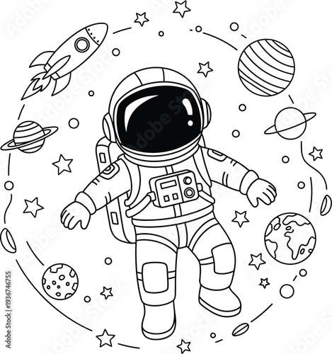 Astronaut floating in space with planets and stars
