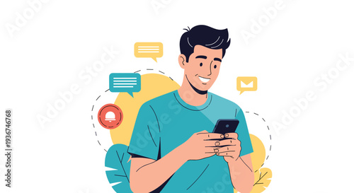 Happy young man interacts with his mobile phone as colorful social media notification icons float around him in flat vector style.