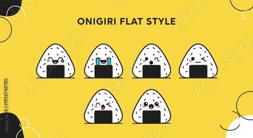Adorable onigiri rice ball characters with various cute facial expressions are arranged on yellow background in flat minimalist style.