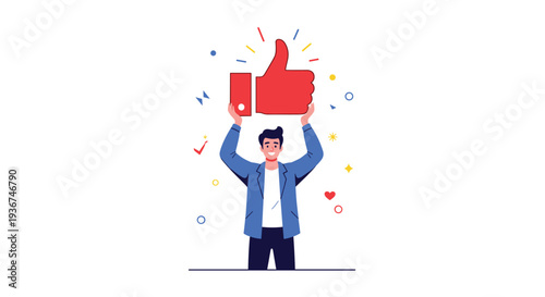 Cheerful man expresses his approval by holding large red thumbs up icon high above his head against white background with confetti.