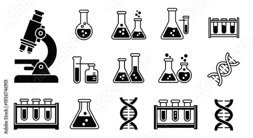 Microscope, DNA, Test Tubes, Flasks: Science and Research Icons