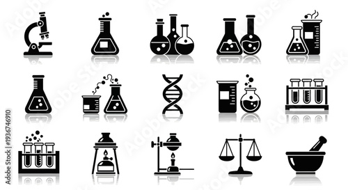 Science Lab Icons: Microscope, DNA, Beakers, Test Tubes, Scales, Mortar Pestle