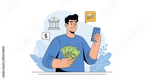 Financial success concept features smiling man holding fan of cash while banking and money icons float near his blue smartphone.
