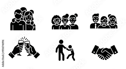 Diverse Group of People Icons: Friendship, Celebration, Business, Family, and Partnership