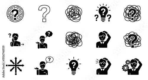 Confused Person Thinking with Question Marks, Lightbulb, Maze, and Gears - Problem Solving Concept