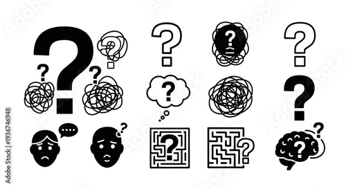 Collection of Question Mark Icons and Symbols Representing Confusion, Doubt, and Problem Solving