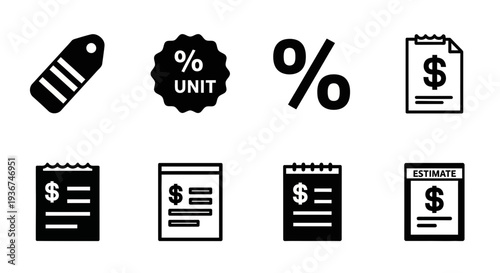 Set of Icons: Price Tag, Percentage, Invoice, Estimate, Bills for Business and Finance