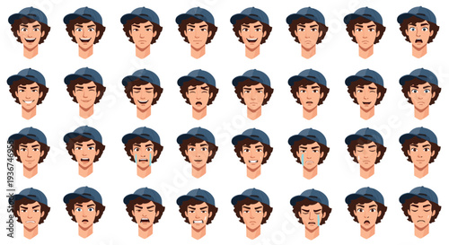 Comprehensive set of male character head icons showcases thirty two distinct facial expressions ranging from happy to sad and angry.
