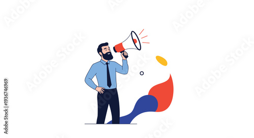 Determined businessman in blue shirt uses loud megaphone to communicate important messages or announcements against abstract background.