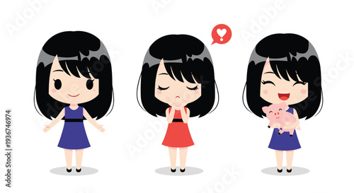 Cute young girl character with black hair is shown in three different outfits and poses including one holding little pink pig.