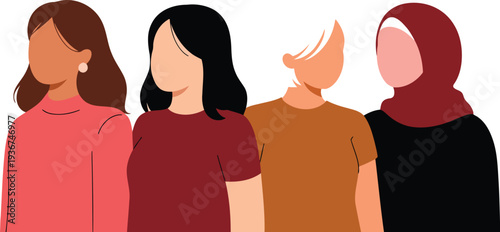 A group of women wearing different colored shirts and headscarves