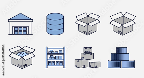 Warehouse Storage Icons: Boxes, Shelves, Shipping Containers, and Building