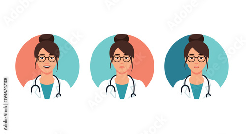 Female doctor avatars with glasses show range of professional expressions in circular frames with peach and turquoise color themes.