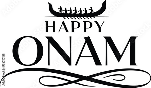 Happy Onam festival celebration greeting card with traditional boat and people  cultural symbol