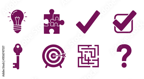Set of icons representing business concepts: idea, solution, success, goal, key, challenge, and question.