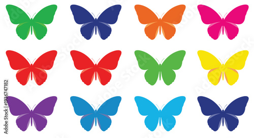 Decorative grid features twelve colorful butterfly silhouettes in vibrant shades like green blue orange pink red and purple on white.