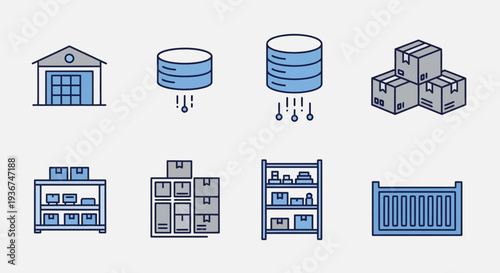 Warehouse storage icons: building, database, boxes, shelves, container