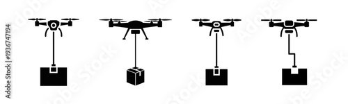 Modern drone package delivery concepts presented as a set of minimalist black silhouette icons, illustrating automated aerial logistics and efficient parcel transport solutions