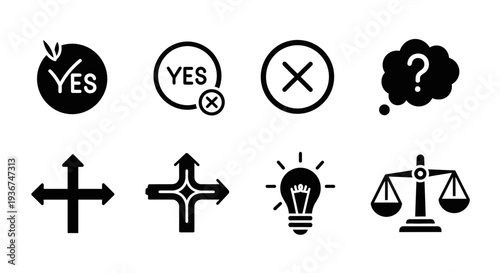 Set of Icons: Yes, No, Question Mark, Arrows, Light Bulb, Scales of Justice