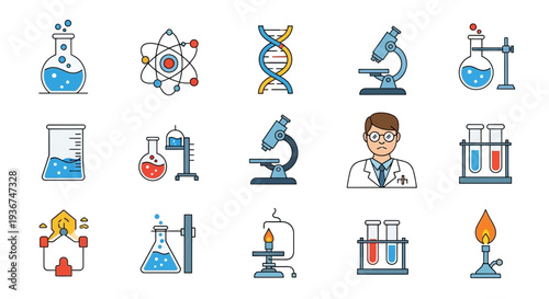 Science Icons Set: Chemistry, Biology, Physics, Research, Laboratory Equipment